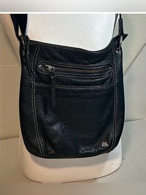 THE SACK BLACK PEBBLED LEATHER MUTI POCKET CROSSBODY SHOULDER BAG